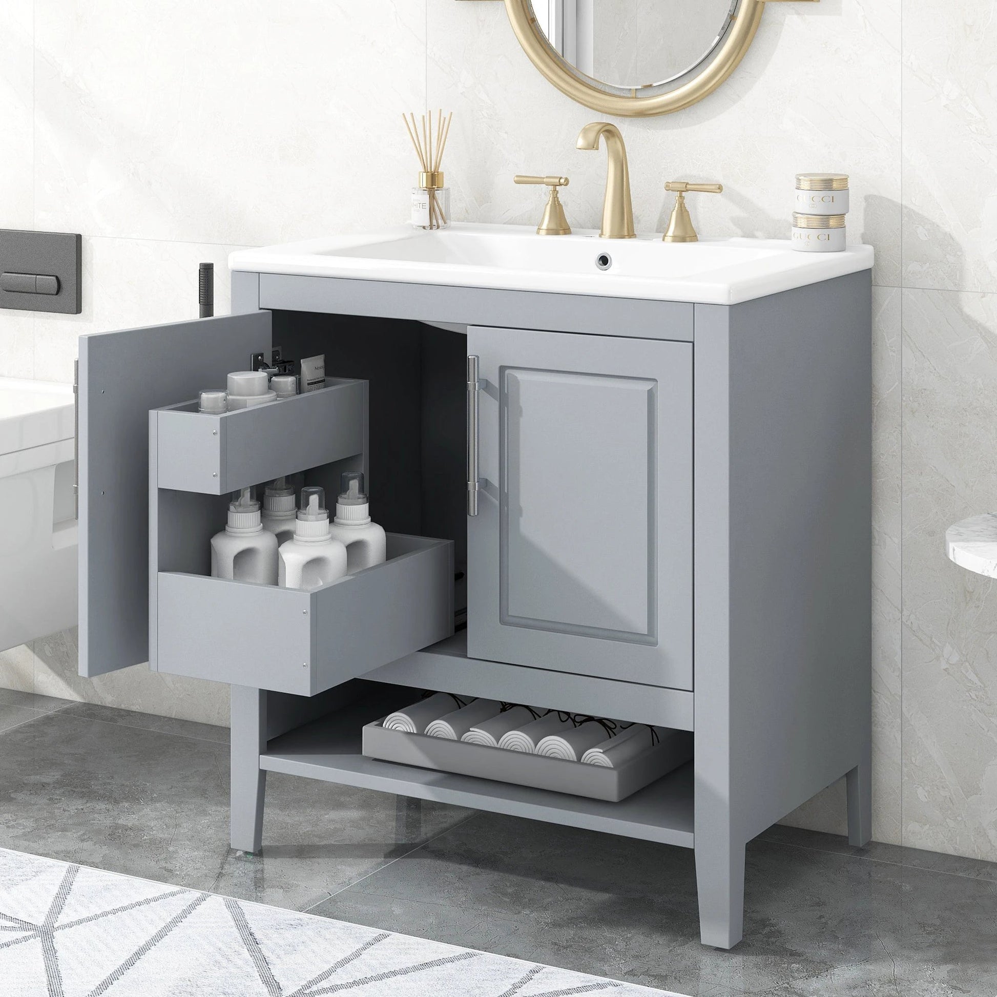 30" Bathroom Vanity with Sink, Multi-functional Bathroom Cabinet with Doors and Drawers, Solid Frame and MDF Board, Grey by eprolo