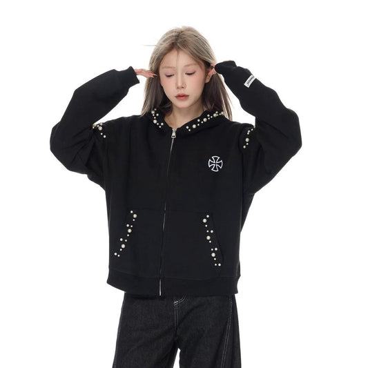 Pearl letter cardigan hooded sweatshirt by eprolo