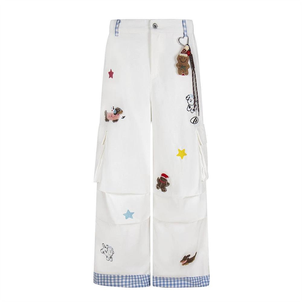 Star Cartoon Teddy Bear Embroidery Workwear Casual Pants by eprolo