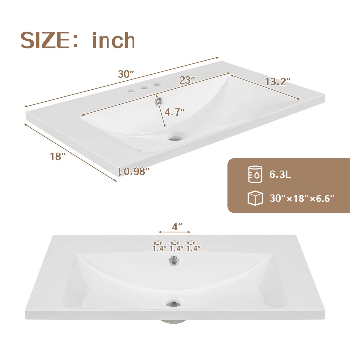 30" Single Bathroom Vanity Top with White Basin, 3-Faucet Holes, Ceramic, White by eprolo