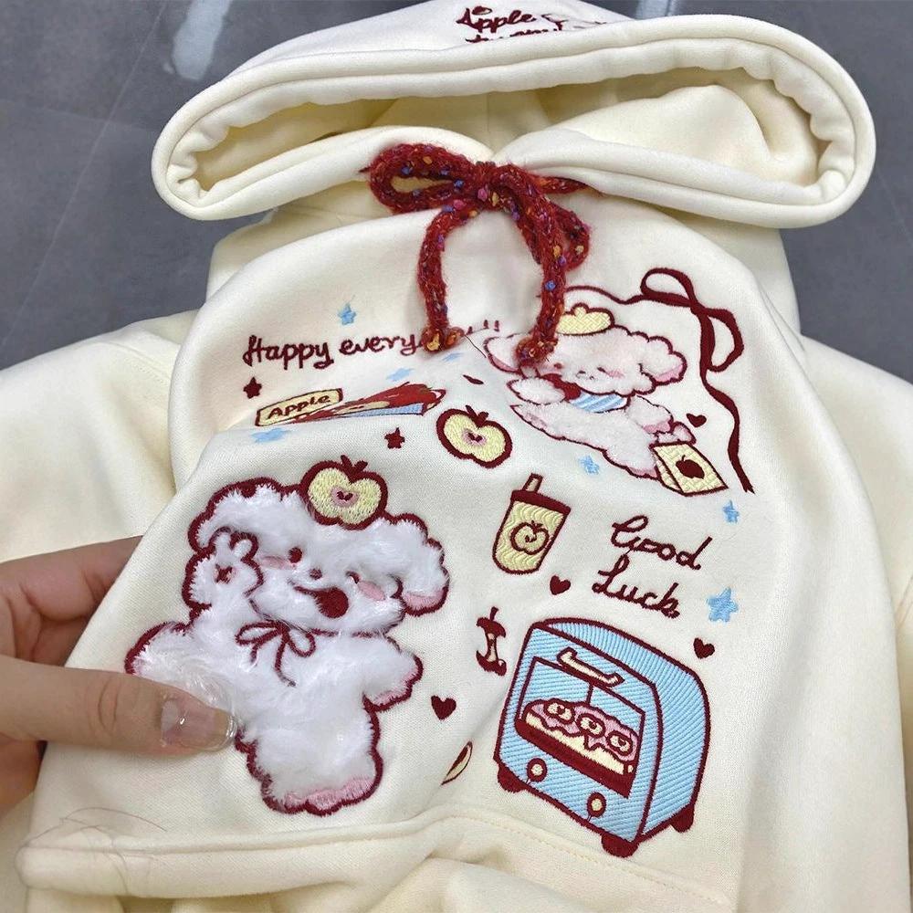Cute Cartoon Embroidered Hoodie for Women, Fleece-Lined Thickened Lazy Style Top Jacket by eprolo