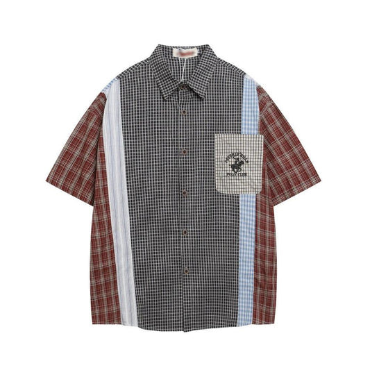 Color blocking checkered irregular splicing short sleeved shirt by eprolo