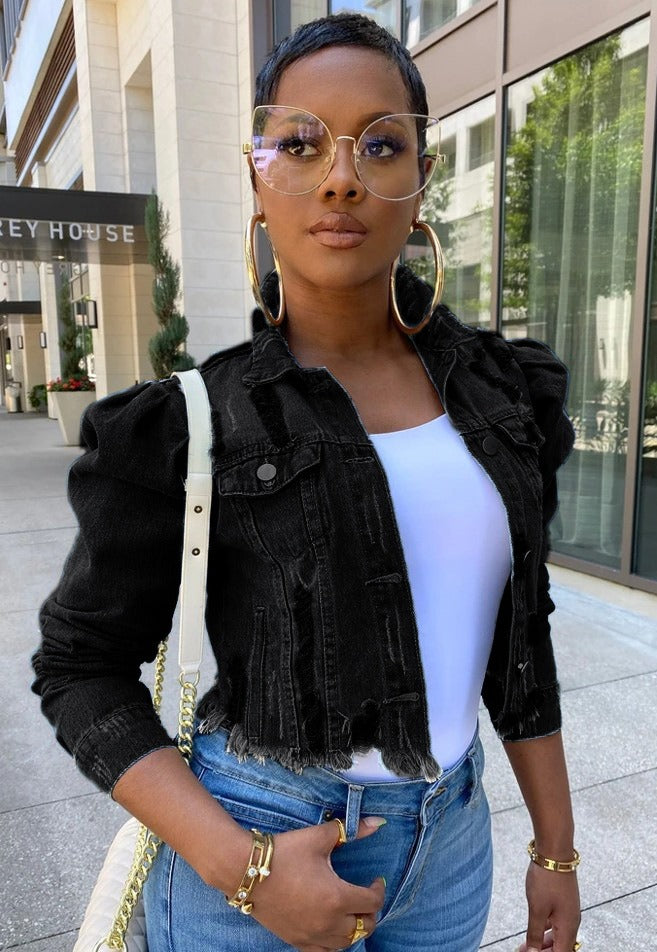 Short Distressed Denim Jacket for Women