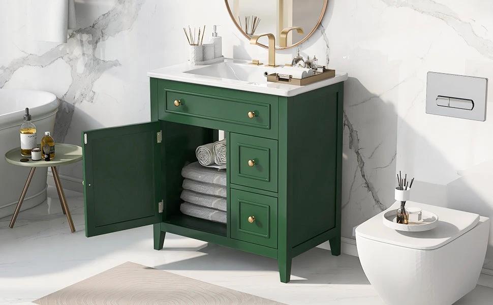 30" Bathroom Vanity with Sink Top, Bathroom Vanity Cabinet with Door and Two Drawers, Solid Wood Frame, One Package, Green by eprolo