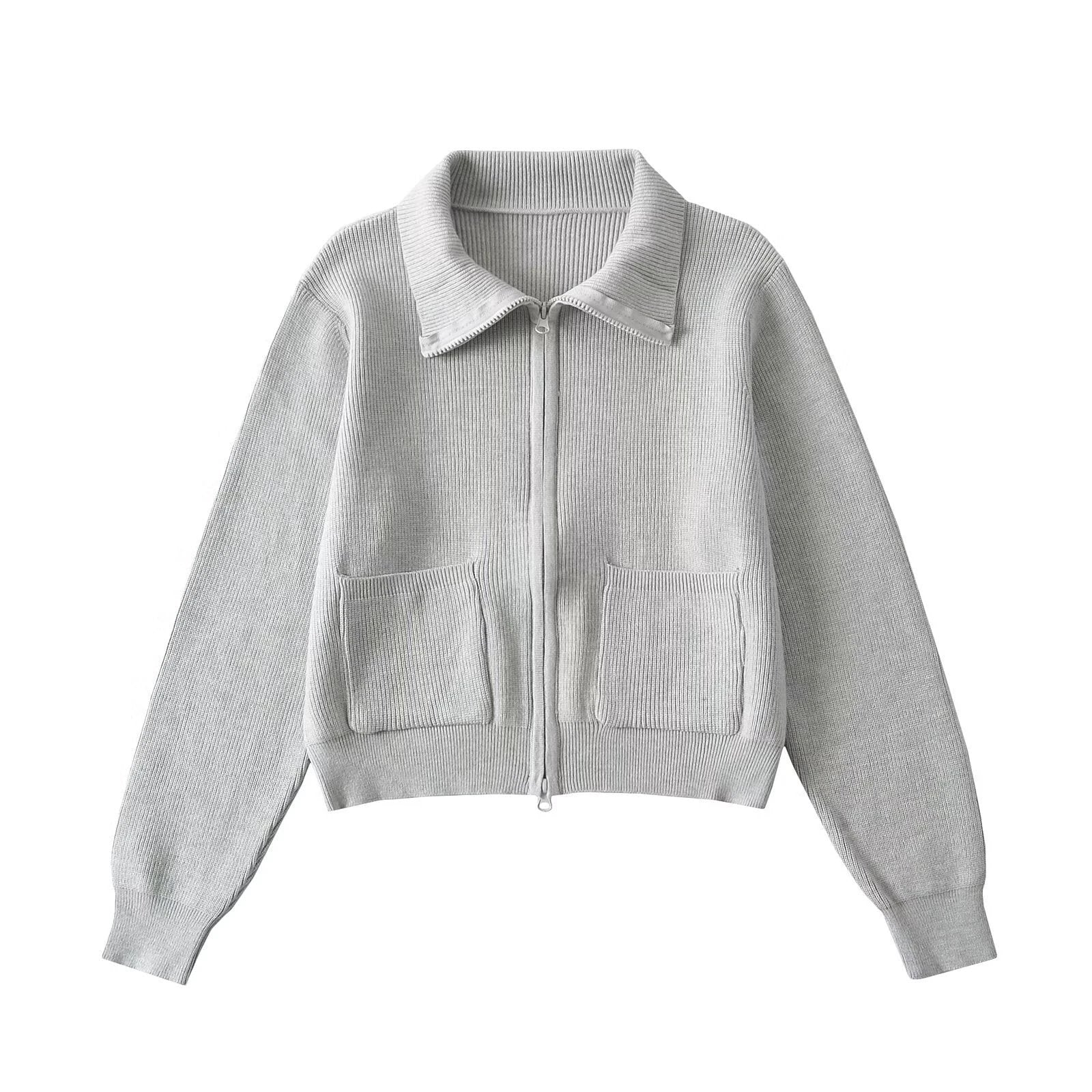 Zipper lapel long sleeved pocket top by eprolo