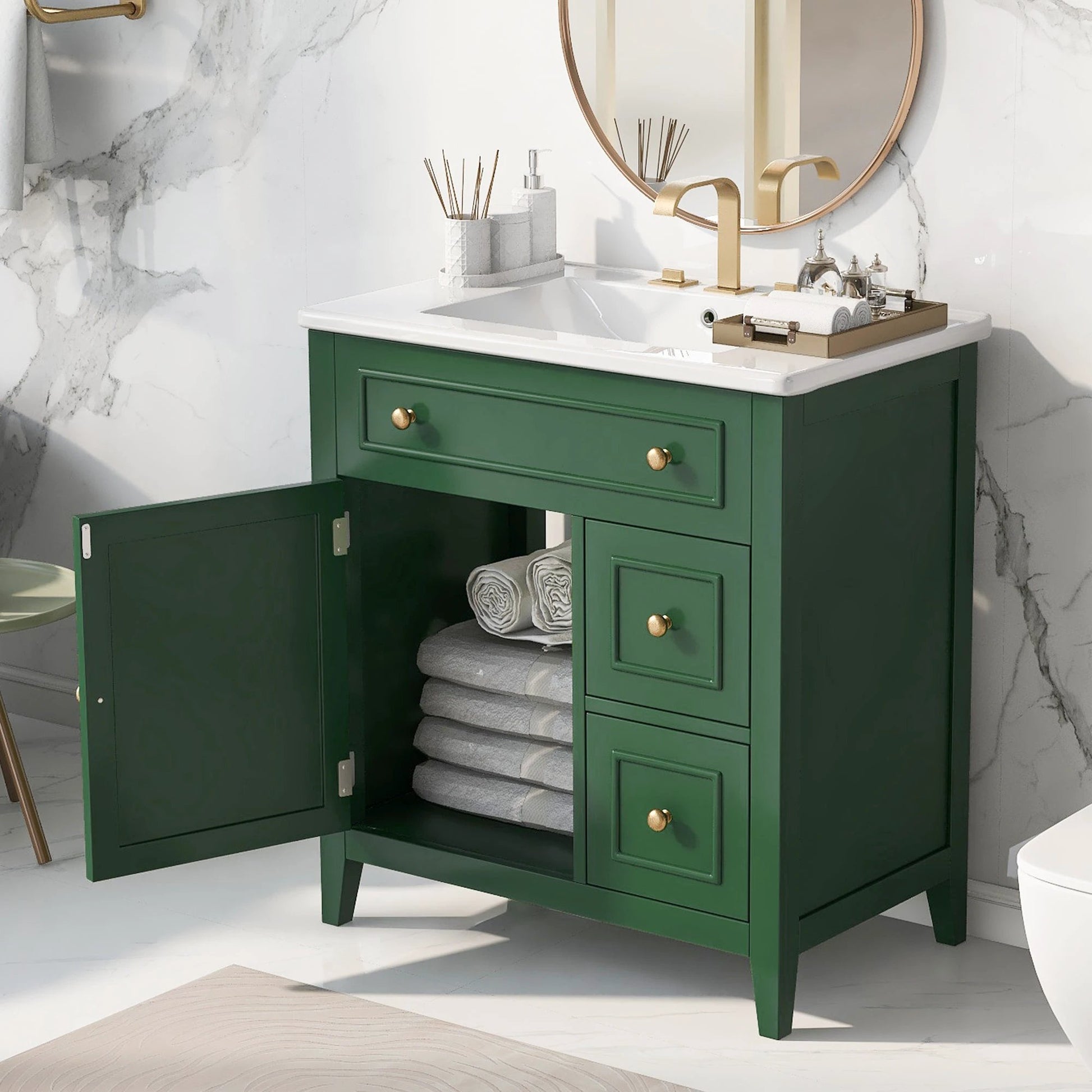 30" Bathroom Vanity with Sink Top, Bathroom Vanity Cabinet with Door and Two Drawers, Solid Wood Frame, One Package, Green by eprolo