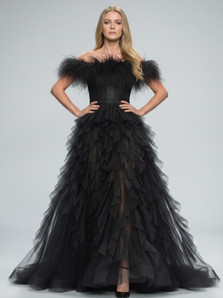Black Feather Tulle Gown Prêt-à-Porter Line BYMANYC New York Evening Gown Luxury Limited Edition Goths Chic Black Ostrich Feather Dress