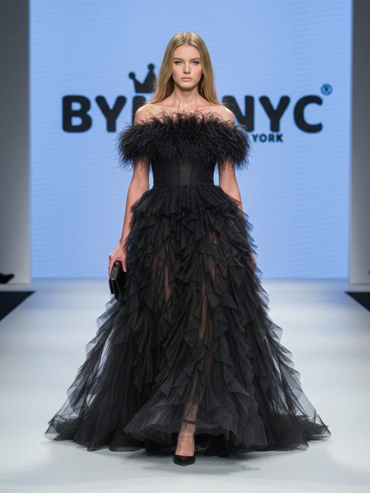 Black Feather Tulle Gown Prêt-à-Porter Line BYMANYC New York Evening Gown Luxury Limited Edition Goths Chic Black Ostrich Feather Dress