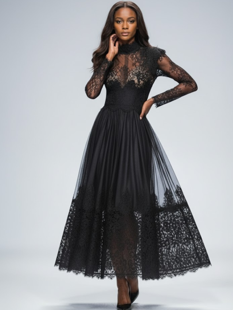 Black Midi Party Dress by BYMANYC Limited Edition Luxury Lace-1