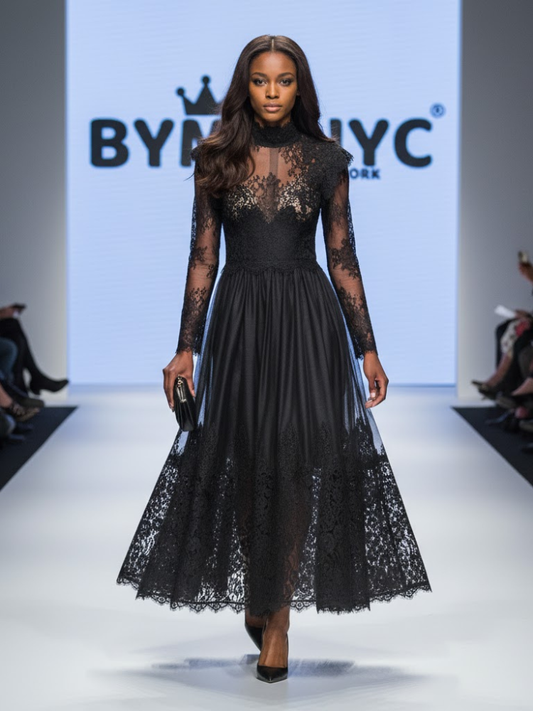 Black Midi Party Dress by BYMANYC Limited Edition Luxury Lace-0
