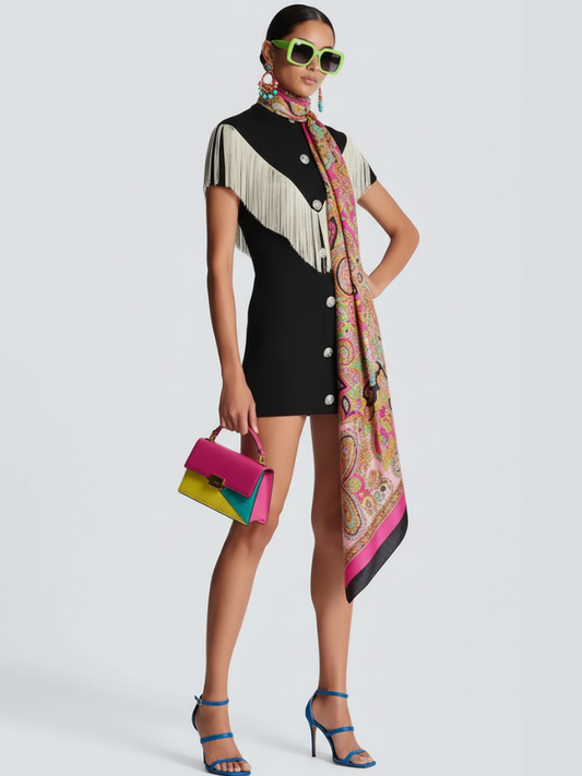 Black Mini Bodycon Dress with Button Tassel For Women, Meatpacking District, BYMANYC New York.-0