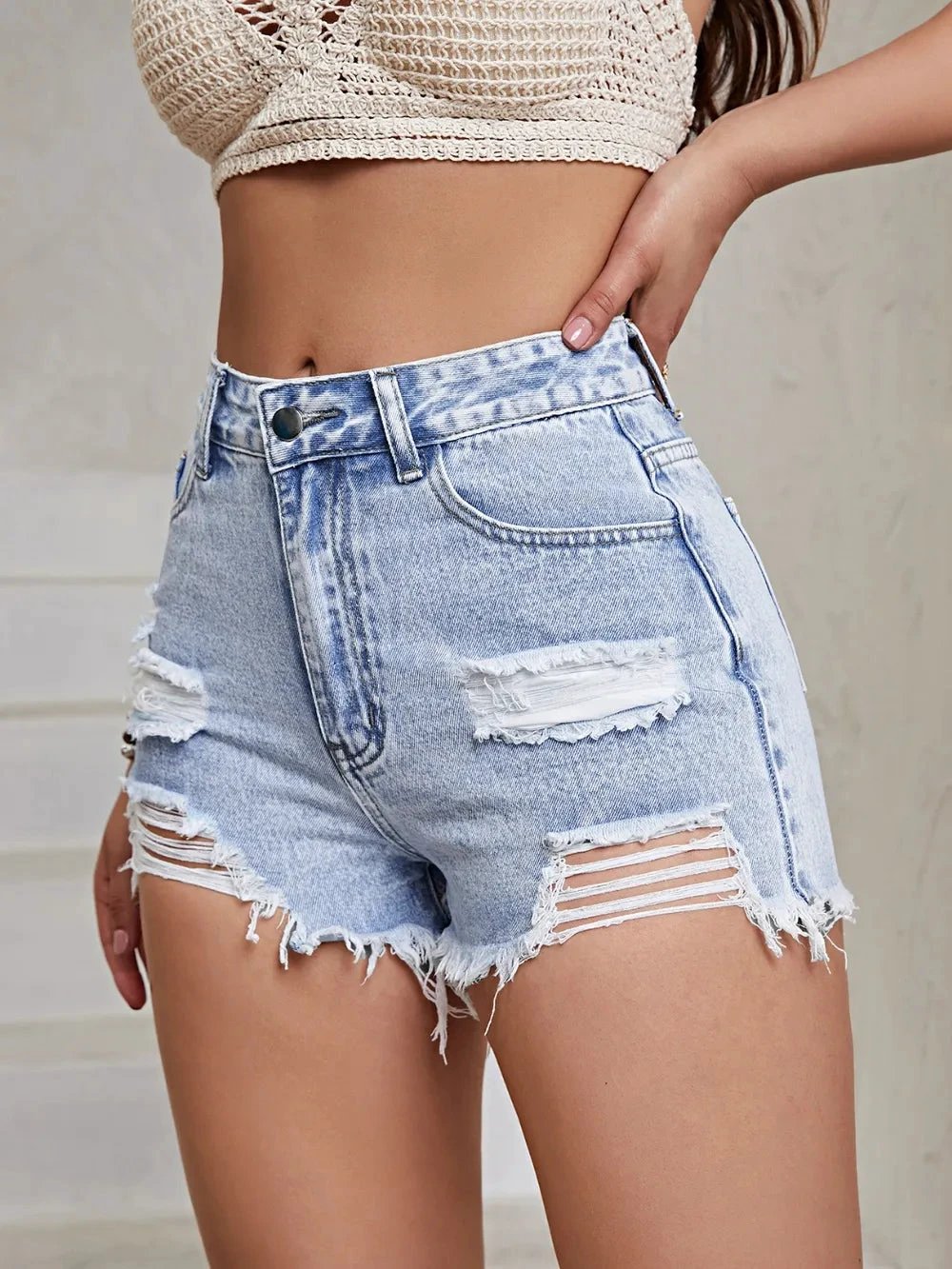 Distressed Raw Hem High Waist Denim Shorts by eprolo