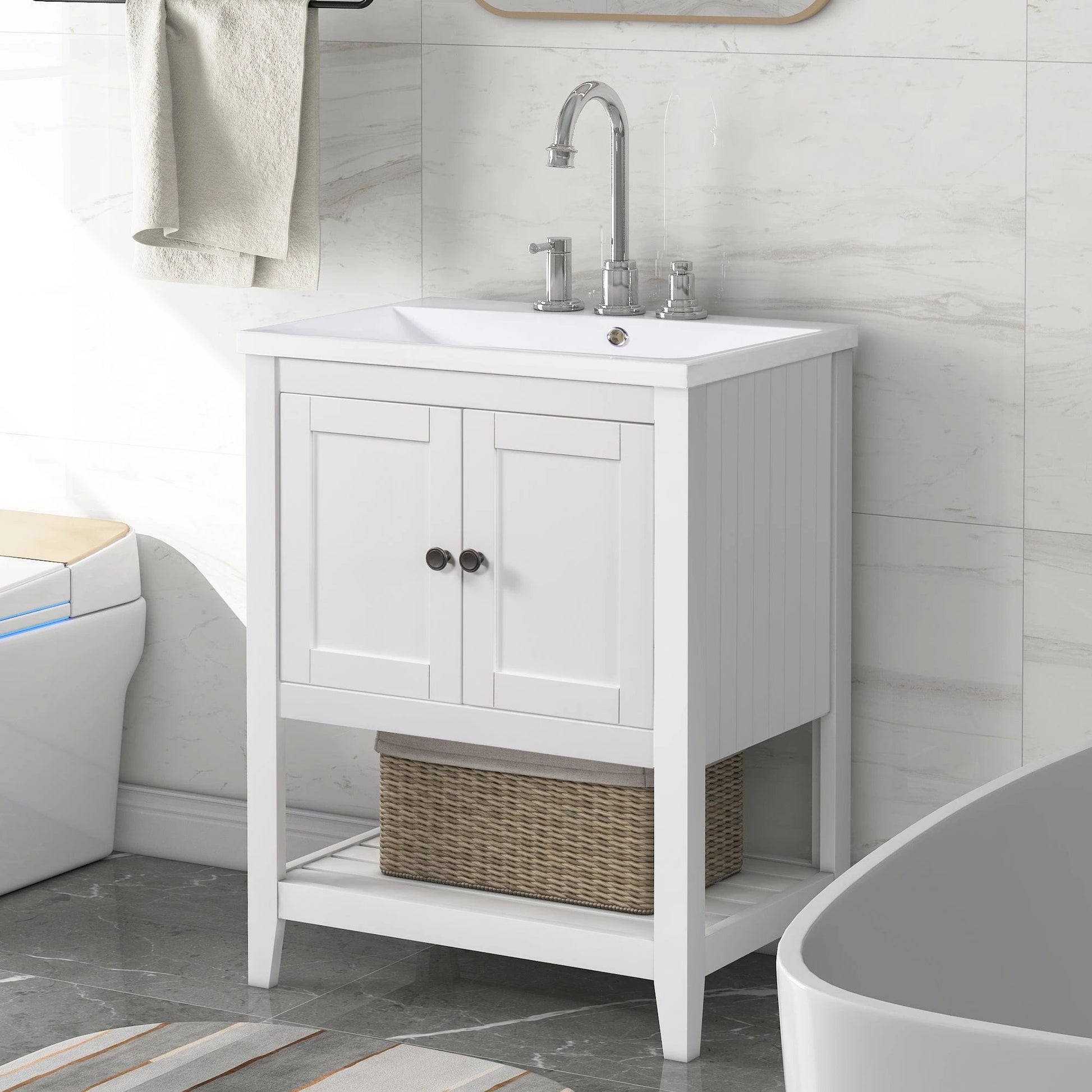 24" White Modern Sleek Bathroom Vanity Elegant Ceramic Sink with Solid Wood Frame Open Style Shelf by eprolo