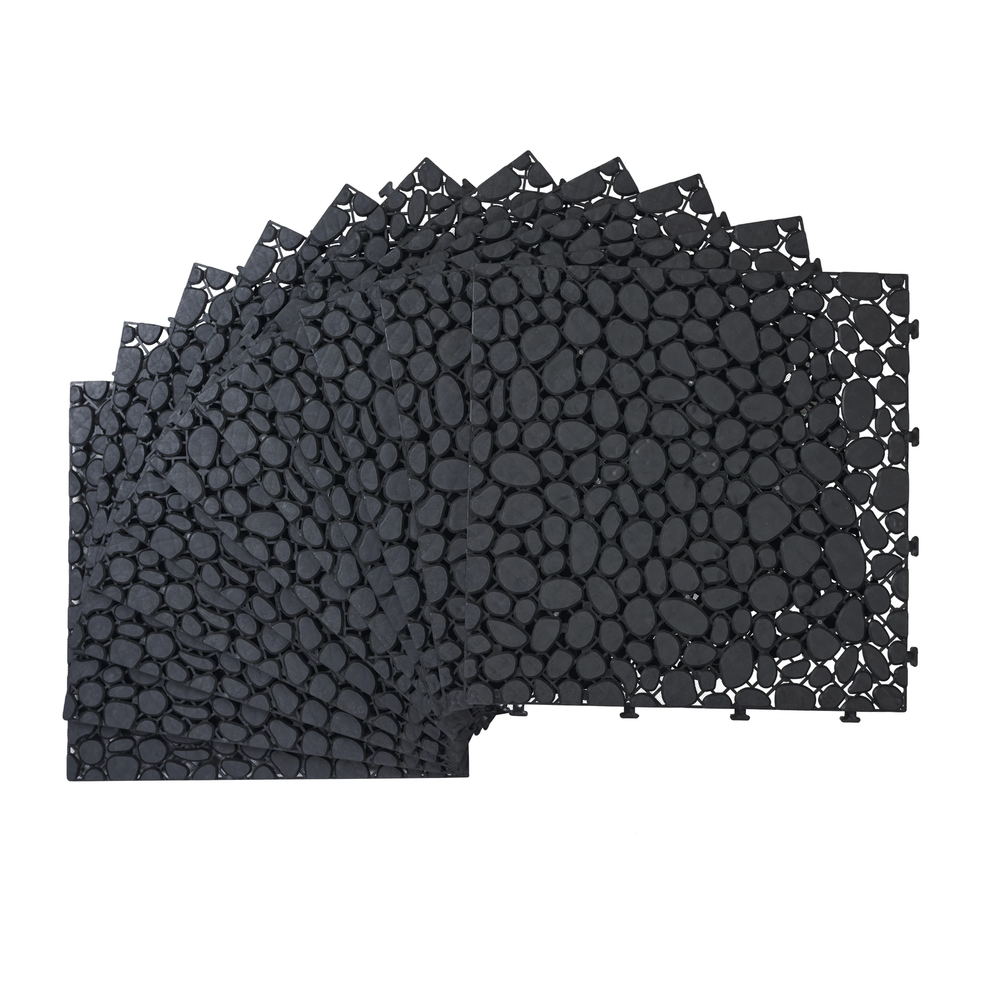12 x 12 inch black interlocking deck tiles, plastic waterproofing, pebble pattern, pack of 12 by eprolo