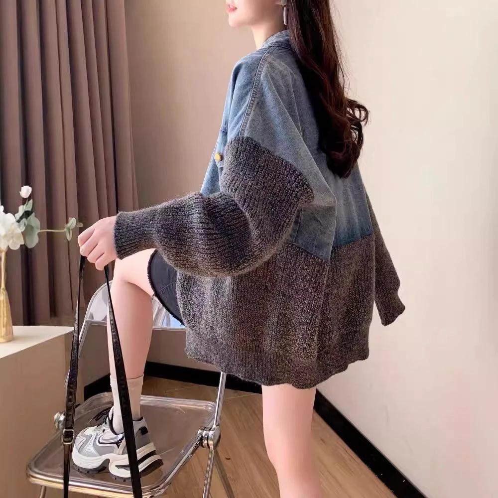 Casual Knit Cardigan with Denim Patchwork for Women Loose Bohemian Style Autumn/Winter Outerwear Top by eprolo