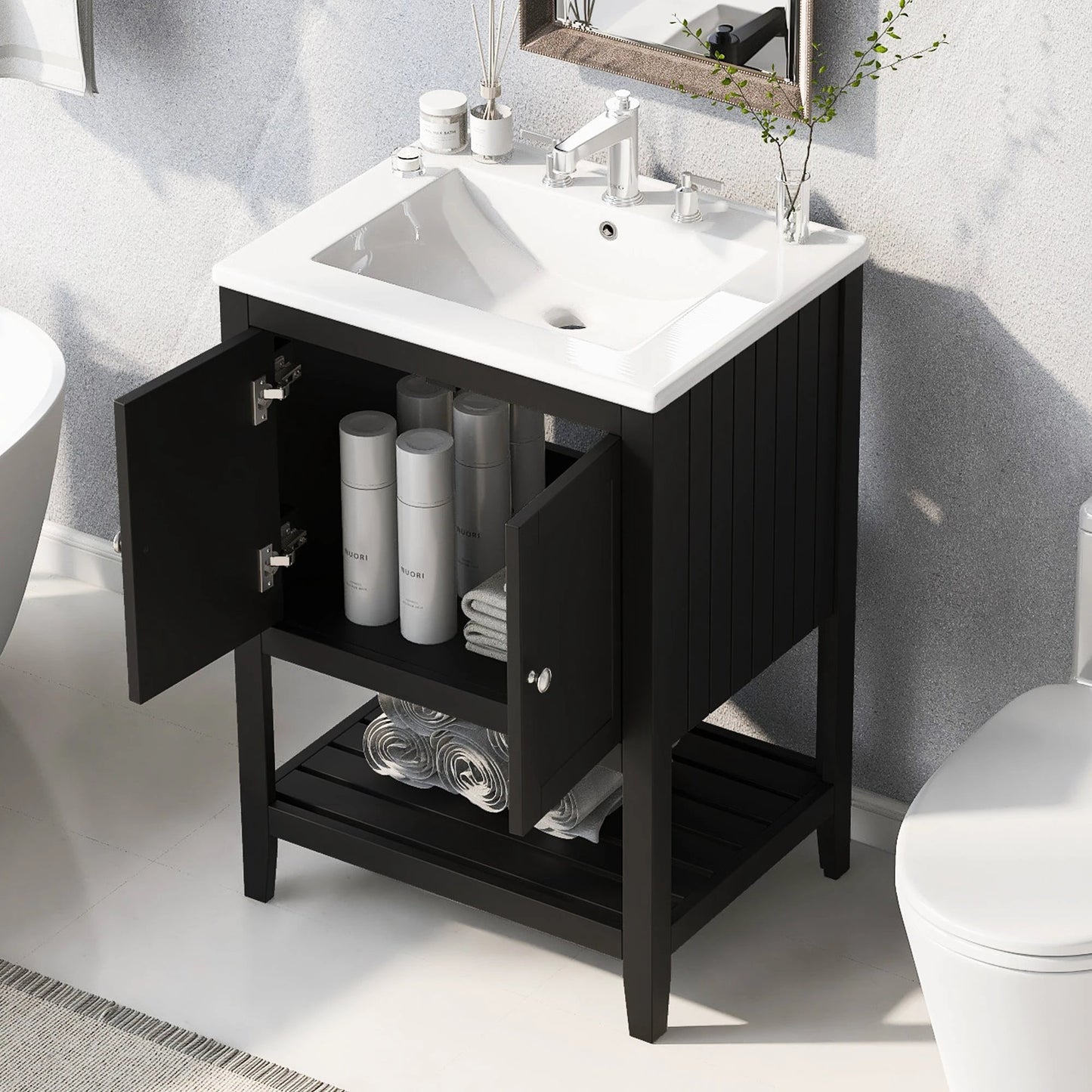 24" Black Modern Sleek Bathroom Vanity Elegant Ceramic Sink with Solid Wood Frame Open Style Shelf by eprolo