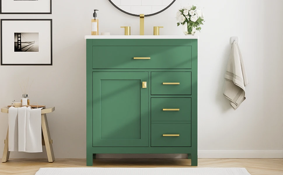30-Inch Green Bathroom Vanity with Ceramic Sink and Ample Storage - Ideal Choice for Small Bathrooms by eprolo