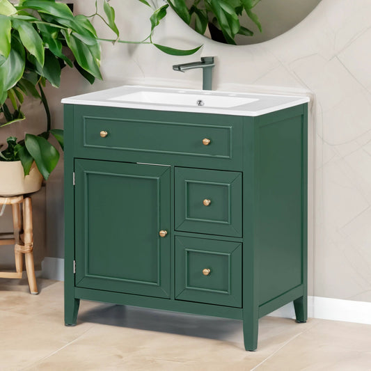 30" Bathroom Vanity with Sink Top, Bathroom Vanity Cabinet with Door and Two Drawers, Solid Wood Frame, One Package, Green by eprolo