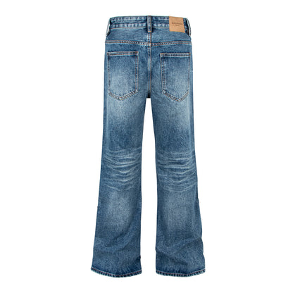Blue Distressed Cat-Whisker Bamboo Texture Flared Jeans