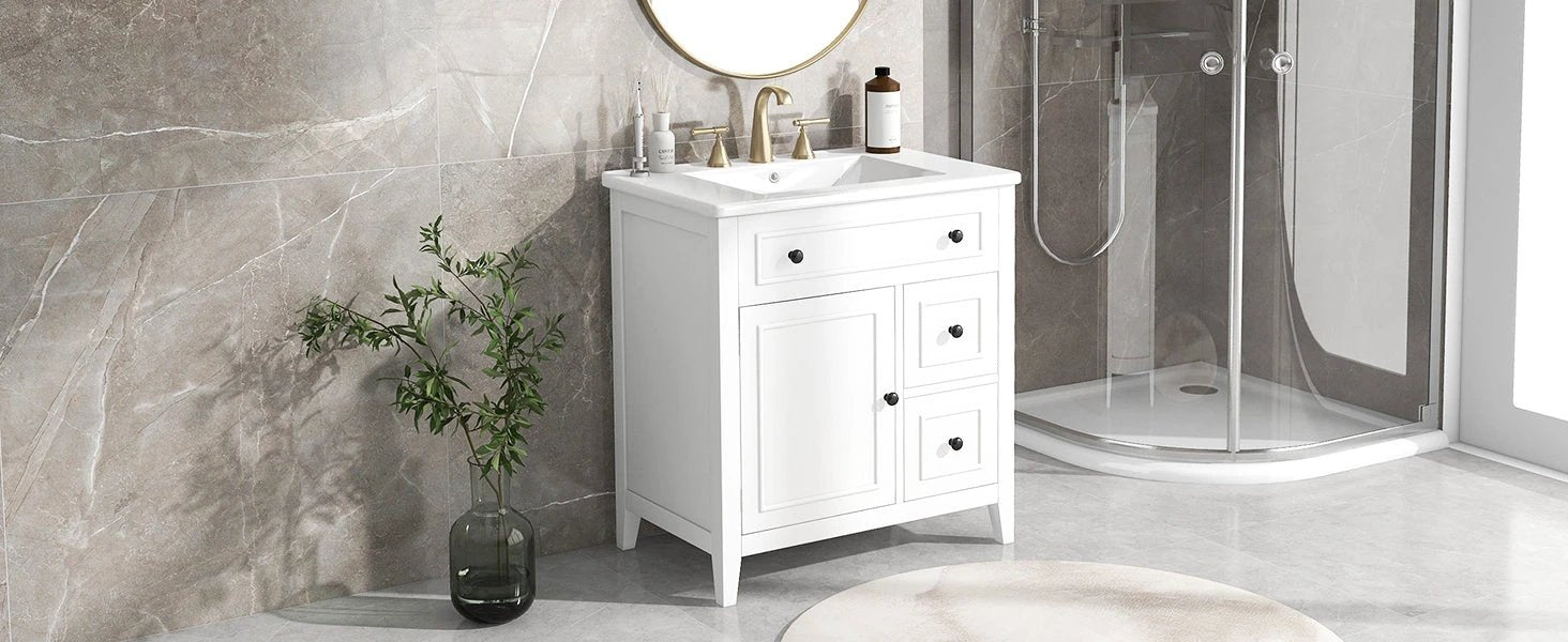 30" Bathroom Vanity with Sink Top, Bathroom Vanity Cabinet with Door and Two Drawers, Solid Wood Frame, One Package, White by eprolo