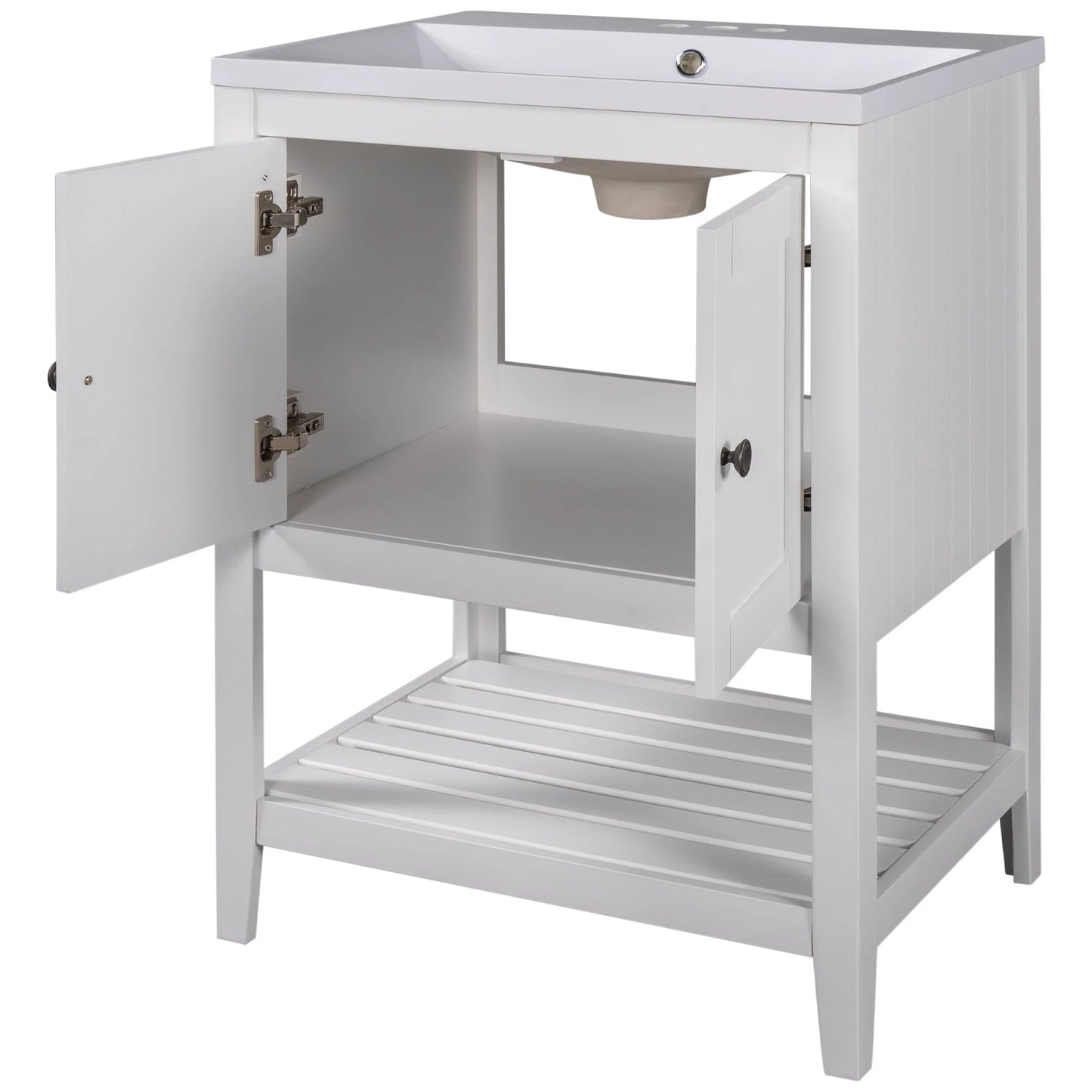 24" White Modern Sleek Bathroom Vanity Elegant Ceramic Sink with Solid Wood Frame Open Style Shelf by eprolo