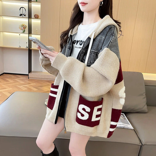 Loose Lazy Style Denim Patchwork Knit Cardigan Women Autumn Winter Hooded Knit Outerwear by eprolo
