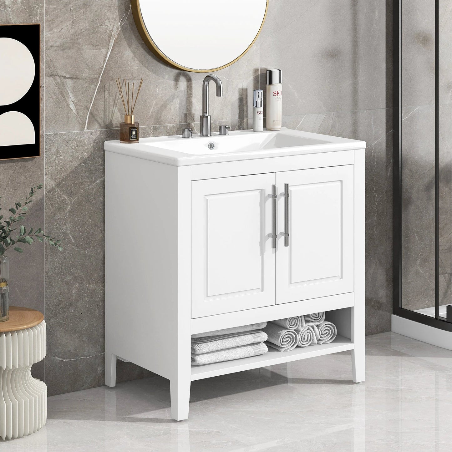 30" Bathroom Vanity with Sink Multi-functional Bathroom Cabinet with Doors and Drawers Solid Frame and MDF Board, White by eprolo