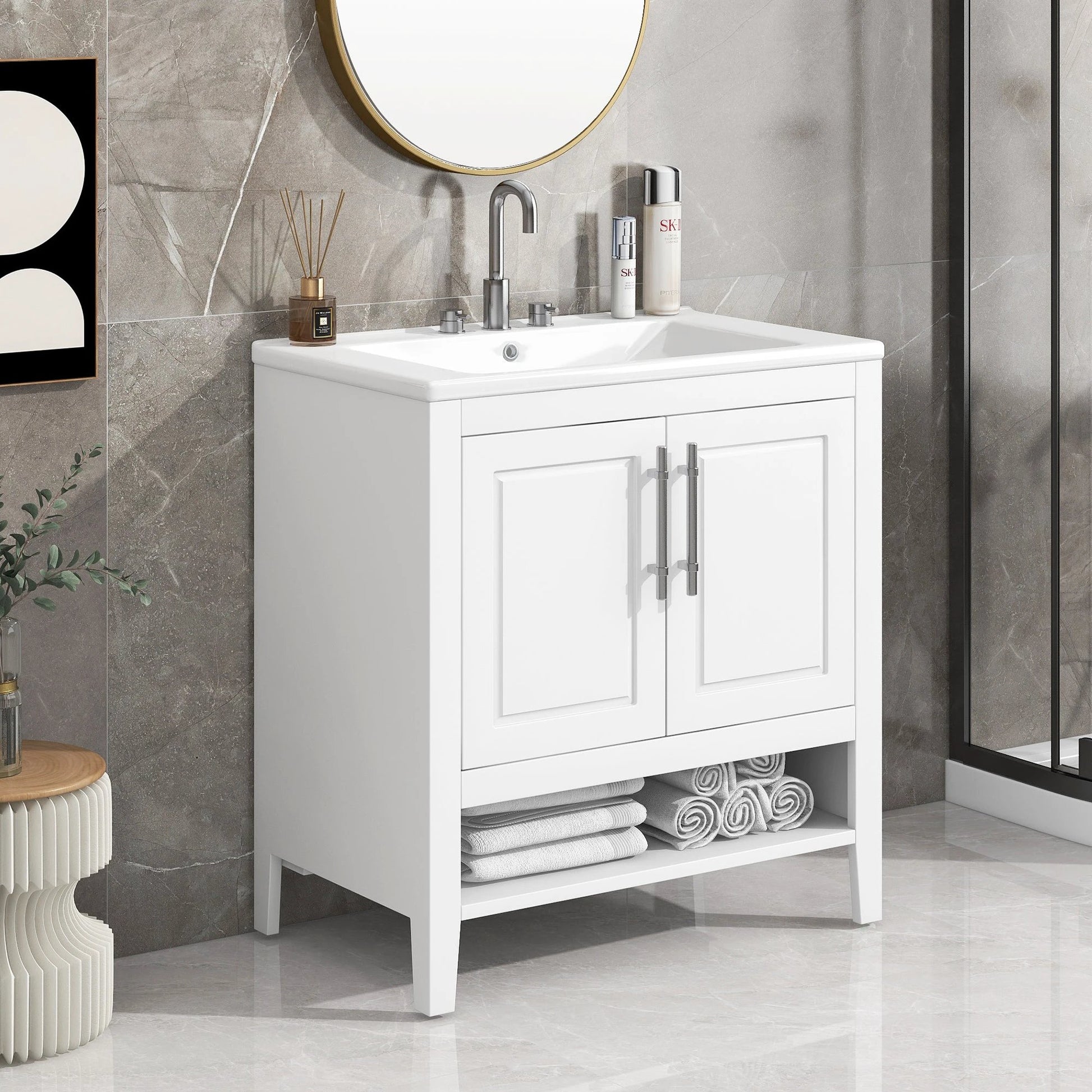 30" Bathroom Vanity with Sink Multi-functional Bathroom Cabinet with Doors and Drawers Solid Frame and MDF Board, White by eprolo