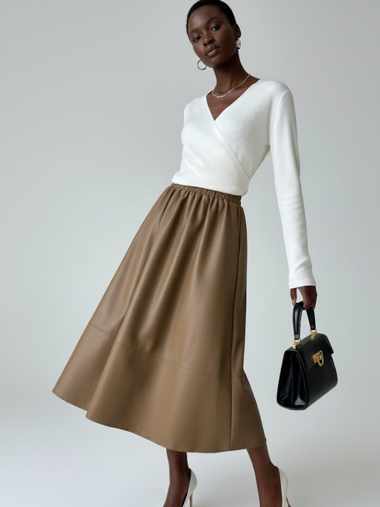 Camel Vegan Leather Midi Skirt LAFAYETTE: New Colección COUTURE in NOLITA - BYMANYC ® New York-0