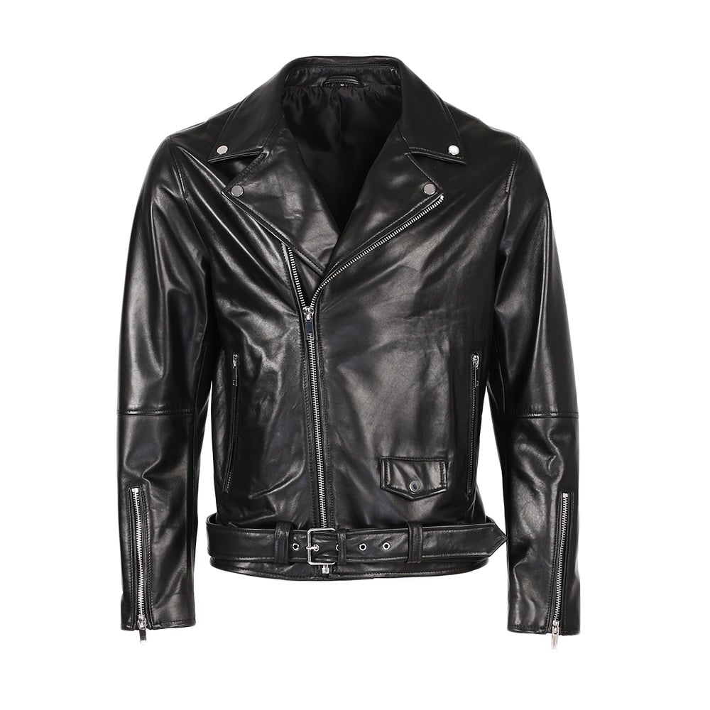 Veste de moto classique pour homme en cuir de mouton premium de Nouvelle-Zélande, noire