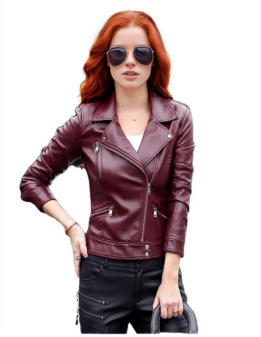 Veste de moto en cuir véritable pour femme Tommy Tina, noire et bordeaux