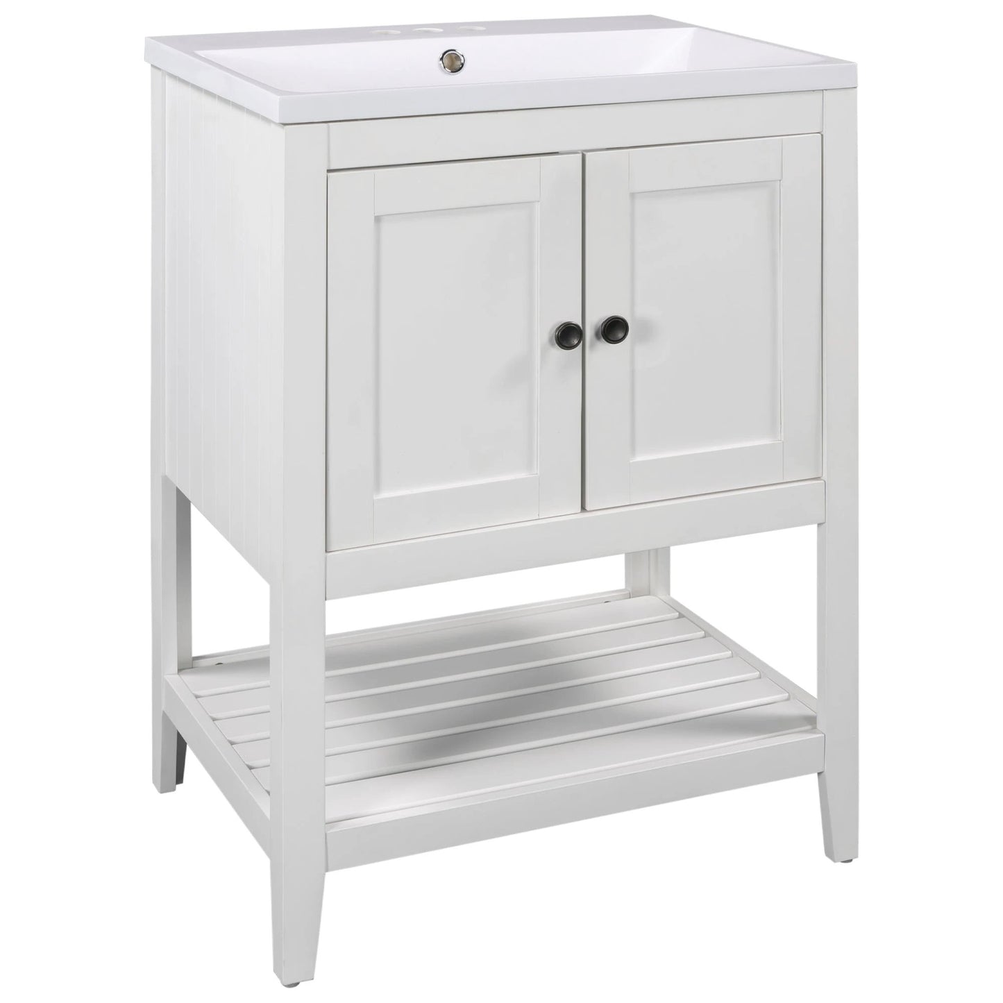 24" White Modern Sleek Bathroom Vanity Elegant Ceramic Sink with Solid Wood Frame Open Style Shelf by eprolo
