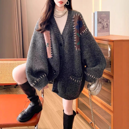Vintage Oversized Floral Knit Cardigan for Women, V-Neck, Loose Bohemian Style, Thick Sweater Coat, Early Spring New Arrival