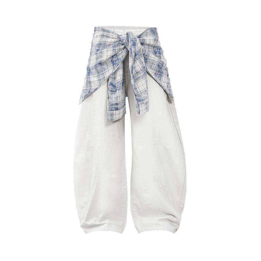 Fake Two Piece Checkered Spliced Waist Strap Loose Wide Leg Pants by eprolo