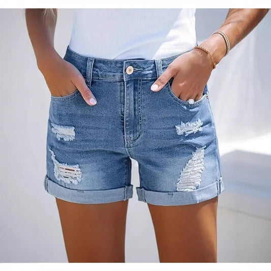 Women's High-Waist Comfortable Slimming Fashion Straight-Leg Casual Denim Shorts