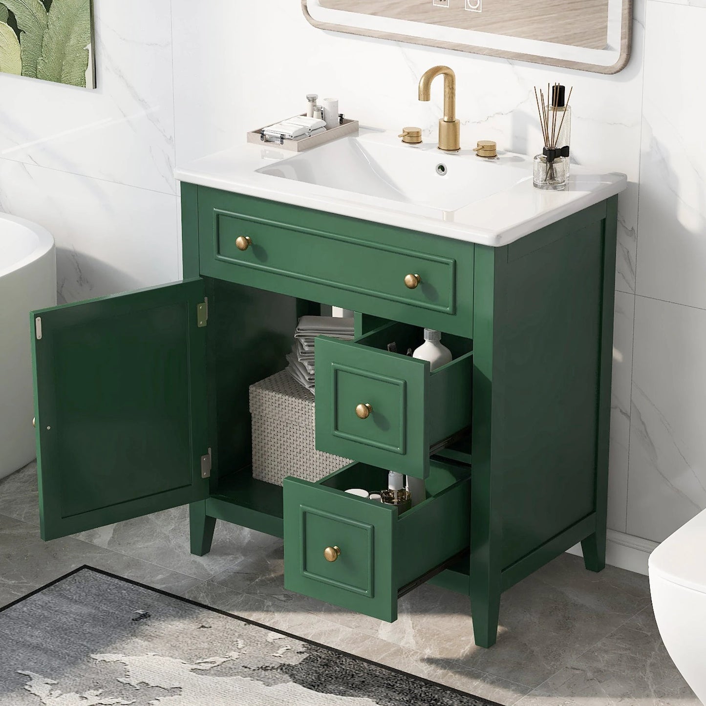 30" Bathroom Vanity with Sink Top, Bathroom Vanity Cabinet with Door and Two Drawers, Solid Wood Frame, One Package, Green by eprolo