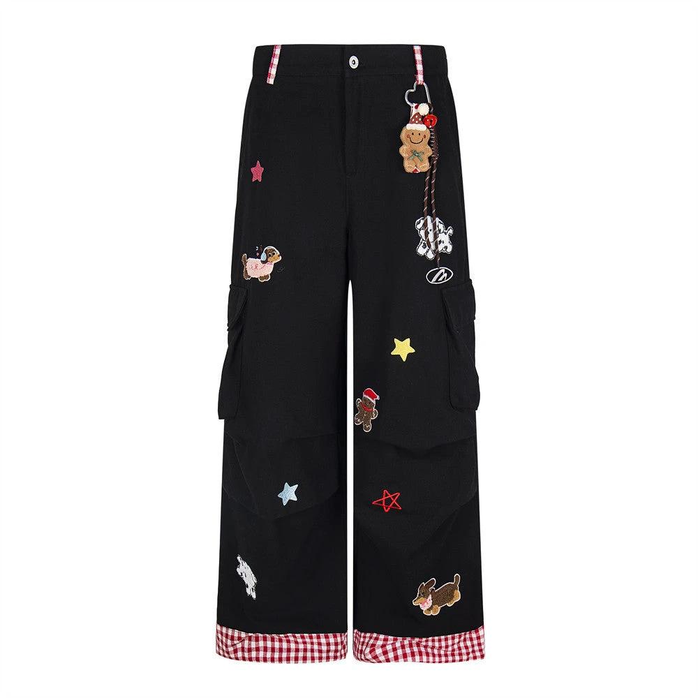Star Cartoon Teddy Bear Embroidery Workwear Casual Pants by eprolo