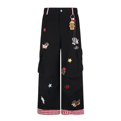 Star Cartoon Teddy Bear Embroidery Workwear Casual Pants by eprolo