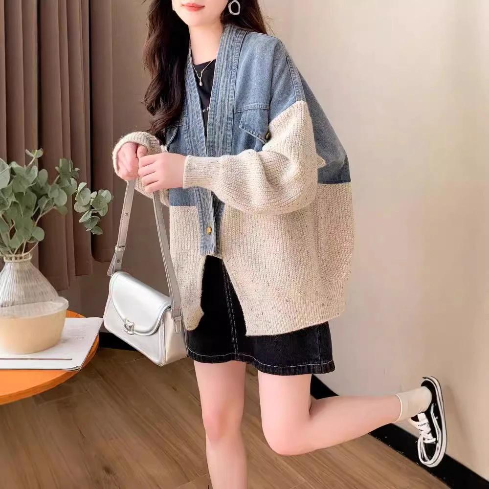 Casual Knit Cardigan with Denim Patchwork for Women Loose Bohemian Style Autumn/Winter Outerwear Top by eprolo