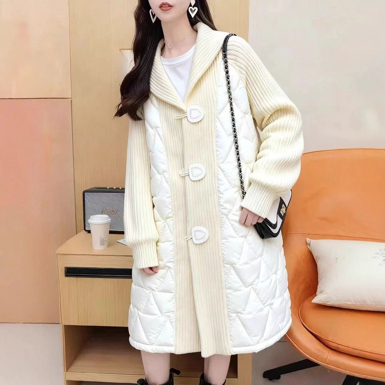 Feminine Knitted Cotton Coat with Disk Buttons, Notched Lapel, Patchwork Cardigan, Casual Loose Oversized European-Style Mid-Length Outerwear by eprolo