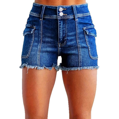 Elastic High-Waist Washed Women's Denim Shorts with Double Buttons by eprolo