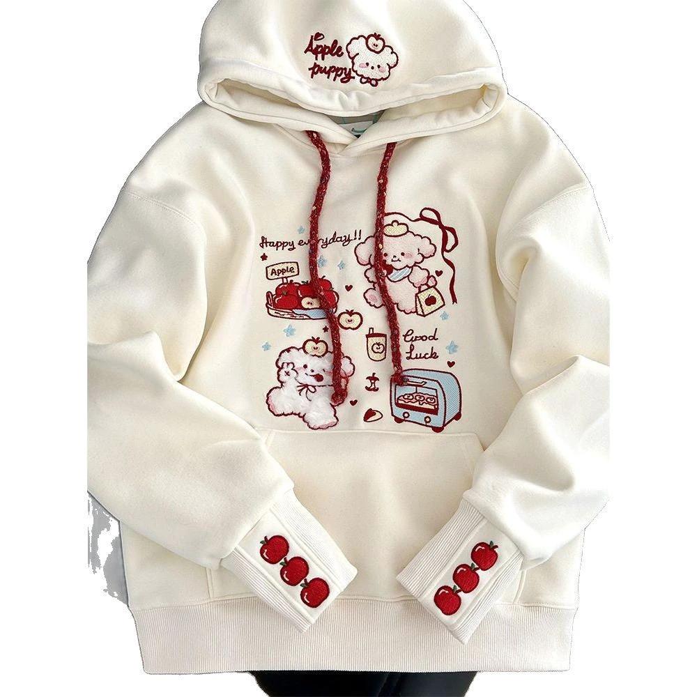 Cute Cartoon Embroidered Hoodie for Women, Fleece-Lined Thickened Lazy Style Top Jacket by eprolo