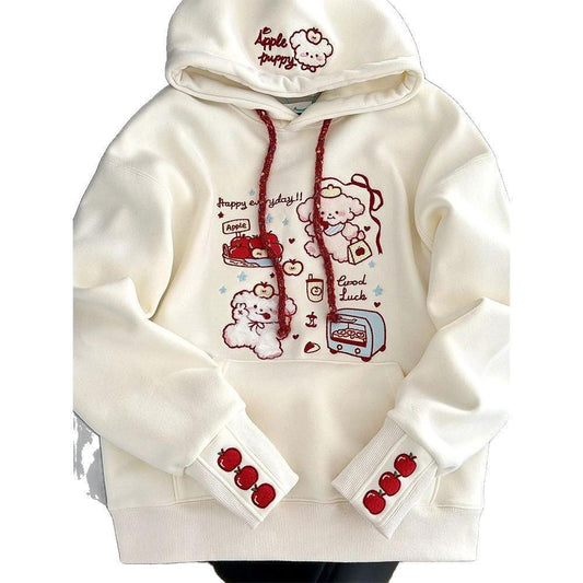 Cute Cartoon Embroidered Hoodie for Women, Fleece-Lined Thickened Lazy Style Top Jacket by eprolo