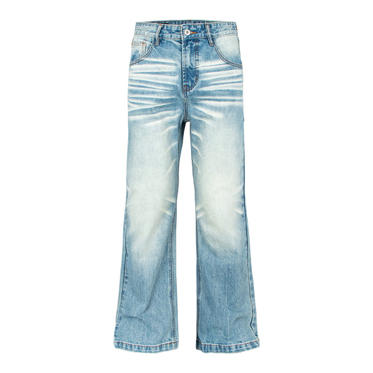 Washed Distressed Light Blue Cat Eye Bamboo Texture Flared Jeans
