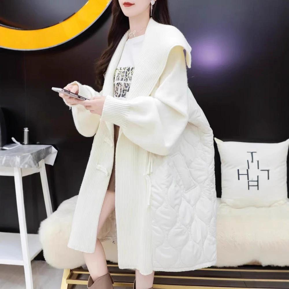 Feminine Knitted Cotton Coat with Disk Buttons, Notched Lapel, Patchwork Cardigan, Casual Loose Oversized European-Style Mid-Length Outerwear by eprolo