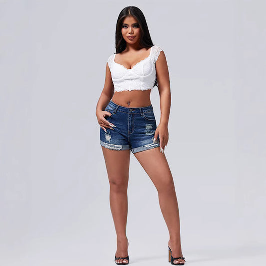 Elastic Hole Rolled Hem High Waist Women's Shorts Streetwear Spicy Girl Denim Pants