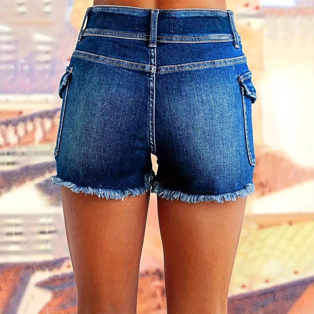 Elastic High-Waist Washed Women's Denim Shorts with Double Buttons by eprolo