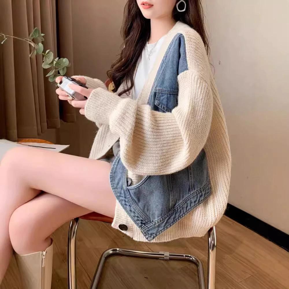 Designer-style Short Knit Denim Patchwork Cardigan for Women, Casual Loose Fit Sweater Coat by eprolo