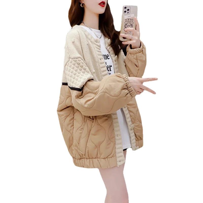 Relaxed Korean-Style Patchwork Knit Cardigan for Women, Oversized Design, Thick Autumn/Winter Sweater Coat by eprolo