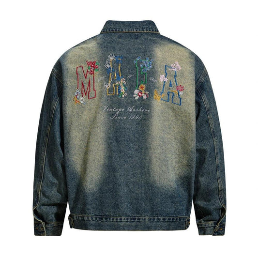 Floral Letter Embroidered Denim Jacket by eprolo